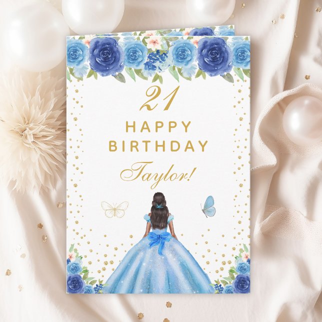 Blue Floral Dark Skin Girl Happy Birthday Card (Creator Uploaded)