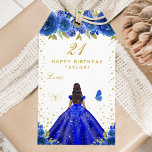 Blue Floral Dark Skin Girl Happy Birthday Gift Tags<br><div class="desc">This elegant and glamourous happy birthday gift tag can be personalised with a name. The design features a beautiful princess with dark hair and dark skin in a royal blue ball gown. The text combines handwritten script and modern sans serif fonts for a classy and sophisticated look. The floral arrangements,...</div>
