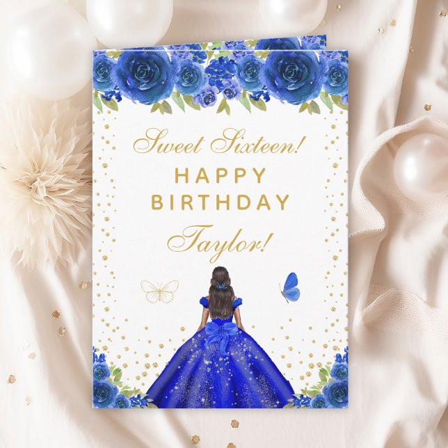 Blue Floral Dark Skin Girl Sweet Sixteen Card (Creator Uploaded)