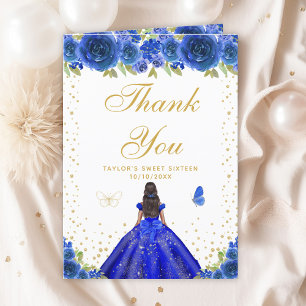 Blue Floral Dark Skin Girl Sweet Sixteen Thank You Card