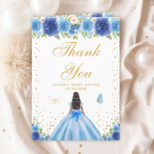 Blue Floral Dark Skin Girl Sweet Sixteen Thank You Card