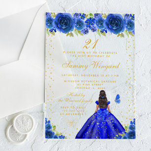 Blue Floral Dark Skin Princess Birthday Party Acrylic Invitations