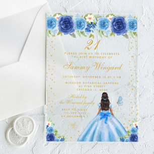 Blue Floral Dark Skin Princess Birthday Party Acrylic Invitations
