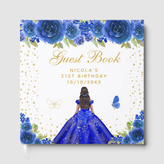 Blue Floral Dark Skin Princess Birthday Party Guest Book