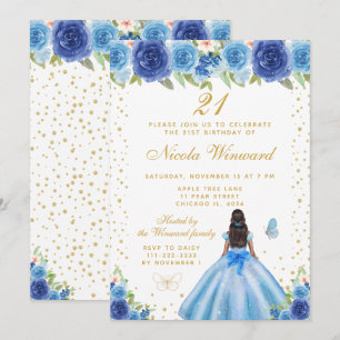 Blue Floral Dark Skin Princess Birthday Party Invitation