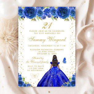 Blue Floral Dark Skin Princess Birthday Party Invitation