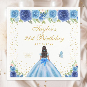 Blue Floral Dark Skin Princess Birthday Party Napkin