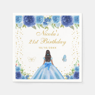 Blue Floral Dark Skin Princess Birthday Party Napkin