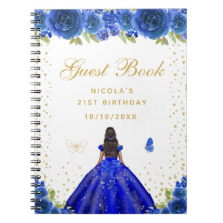 Blue Floral Dark Skin Princess Birthday Party Notebook