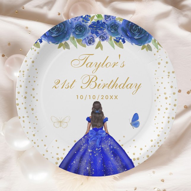 Blue Floral Dark Skin Princess Birthday Party Paper Plate (Creator Uploaded)
