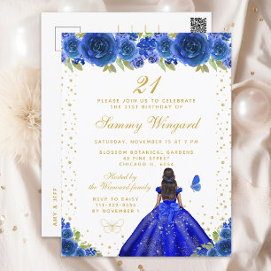 Blue Floral Dark Skin Princess Birthday Party Postcard