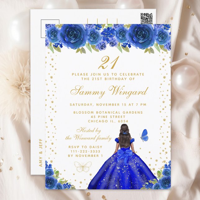 Blue Floral Dark Skin Princess Birthday Party Postcard (Creator Uploaded)