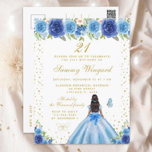 Blue Floral Dark Skin Princess Birthday Party Postcard