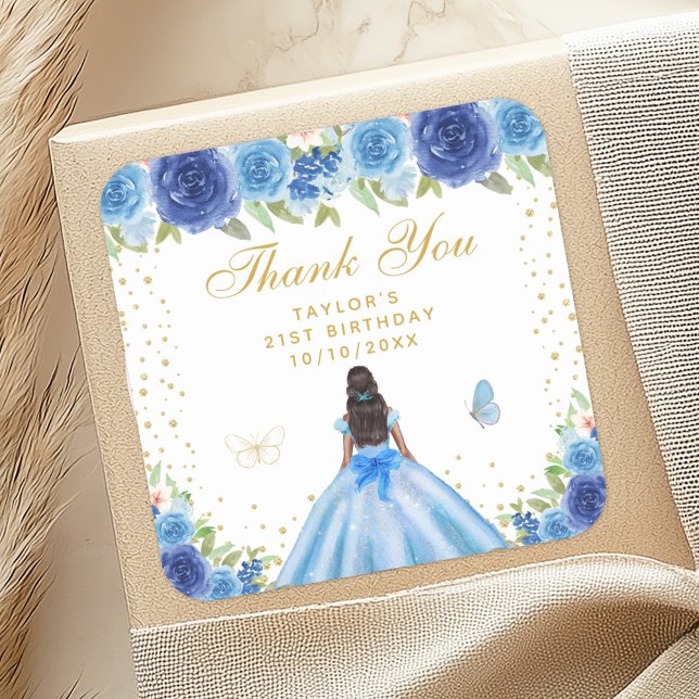 Blue Floral Dark Skin Princess Birthday Party Square Sticker (Creator Uploaded)