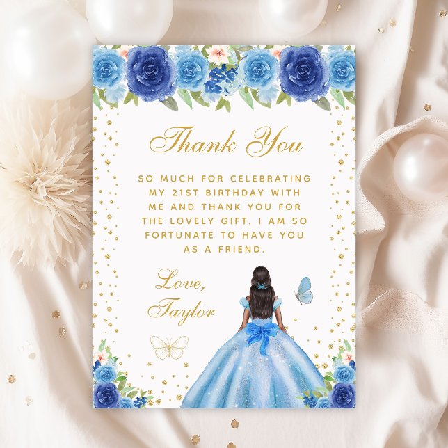 Blue Floral Dark Skin Princess Birthday Party Thank You Card (Creator Uploaded)