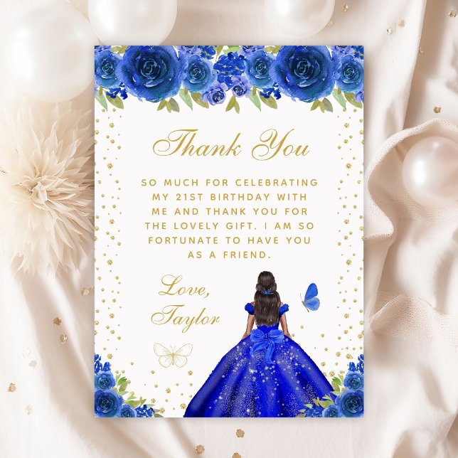 Blue Floral Dark Skin Princess Birthday Party Thank You Card (Creator Uploaded)