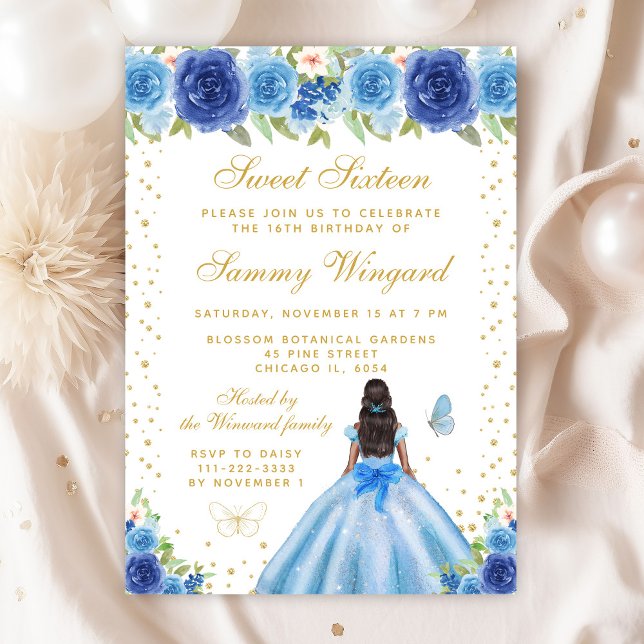 Blue Floral Dark Skin Princess Sweet Sixteen Invitation (Creator Uploaded)