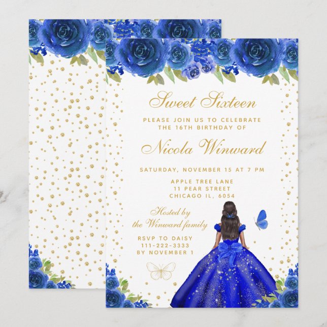 Blue Floral Dark Skin Princess Sweet Sixteen Invitation (Front/Back)
