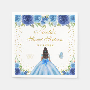 Blue Floral Dark Skin Princess Sweet Sixteen Napkin