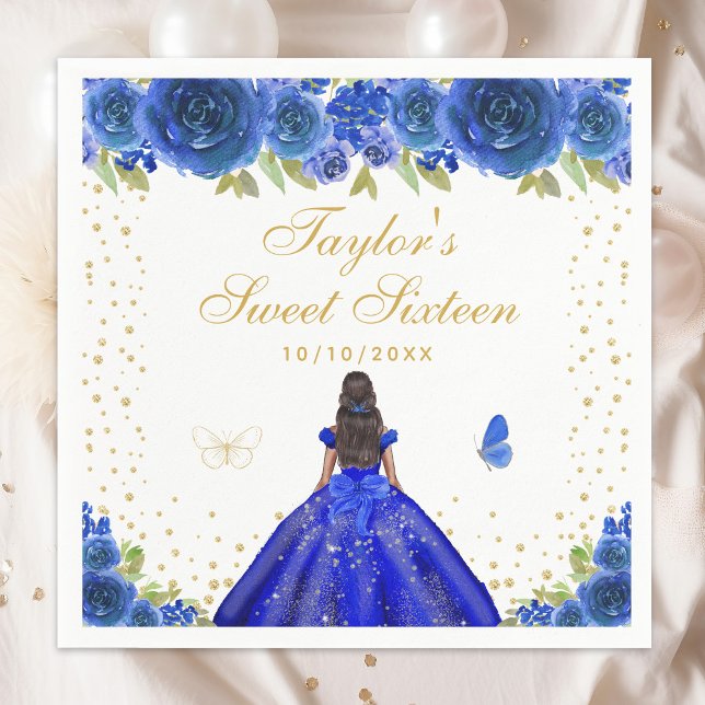 Blue Floral Dark Skin Princess Sweet Sixteen Napkin (Creator Uploaded)