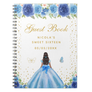 Blue Floral Dark Skin Princess Sweet Sixteen Notebook