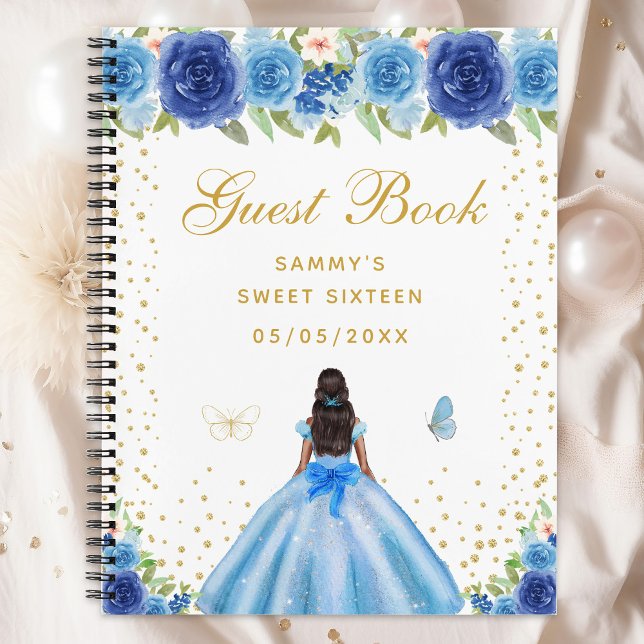 Blue Floral Dark Skin Princess Sweet Sixteen Notebook (Creator Uploaded)