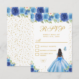 Blue Floral Dark Skin Princess Sweet Sixteen RSVP Card