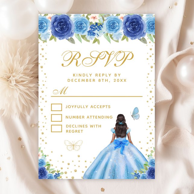 Blue Floral Dark Skin Princess Sweet Sixteen RSVP Card (Creator Uploaded)