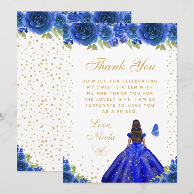 Blue Floral Dark Skin Princess Sweet Sixteen Thank You Card (Front/Back)