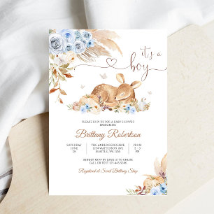 Blue Floral Deer Baby Shower Invitation