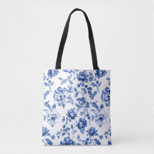 Blue Floral delftware vintage style botanical Tote Bag