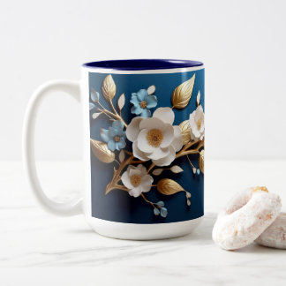 "Blue Floral Delight Coffee Mug" Two-Tone Coffee Mug