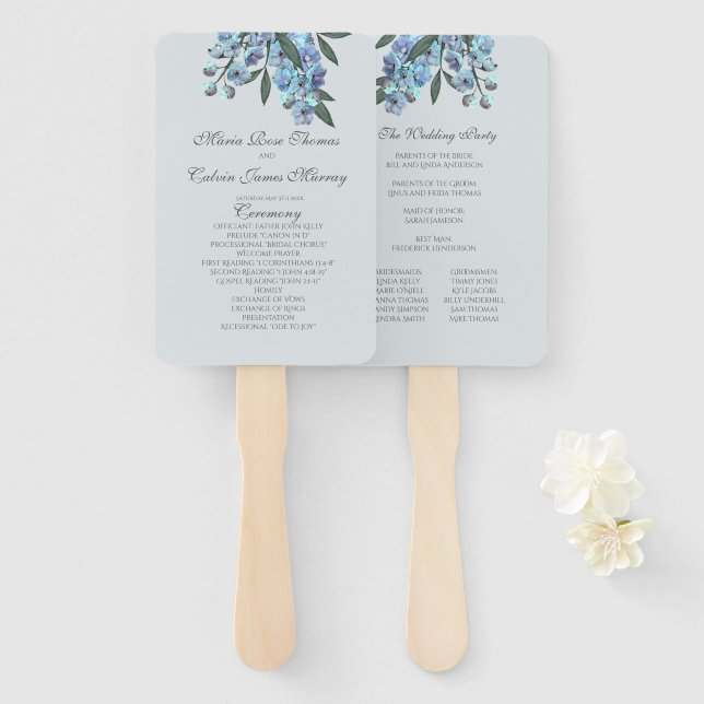 Blue Floral Delphinium Bouquet Hand Fan (Front and Back)