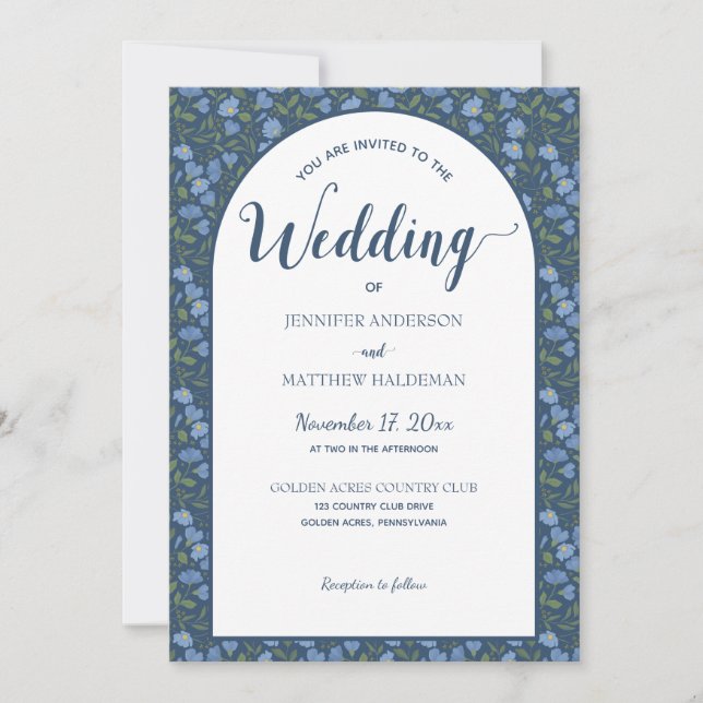 Blue Floral, Delphinium Flowers Arch Shape Wedding Invitation (Front)