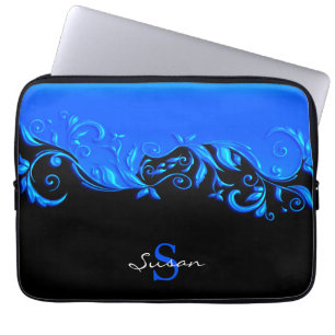 Blue Floral Design on Black Laptop Sleeve