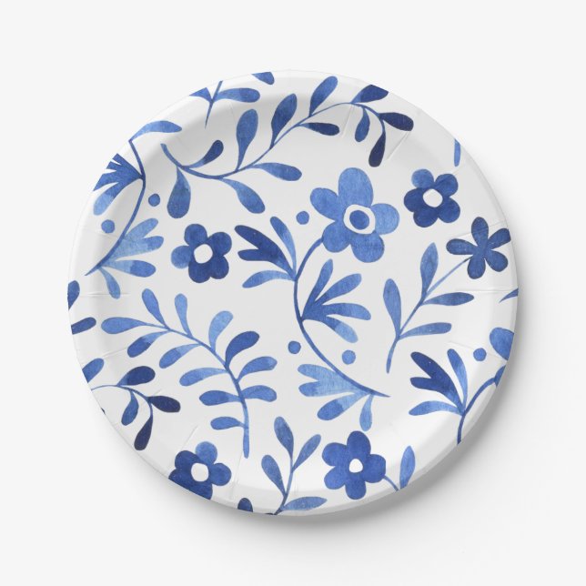 Blue floral design paper plate  (Front)