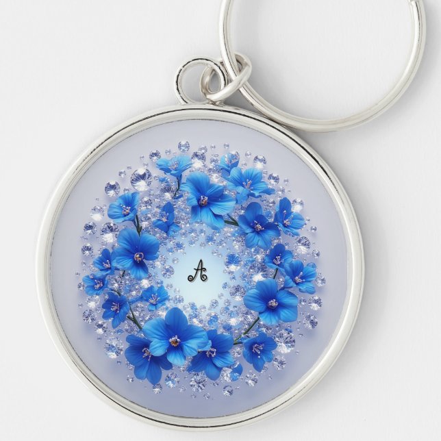 💎 Blue Floral Diamond Custom Name Charm 🔑 Key Ring (Front)