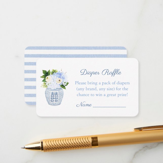 Blue Floral Diaper Raffle Preppy Baby Shower Party Enclosure Card (Front/Back In Situ)