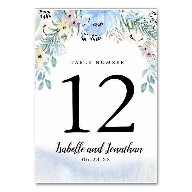 Blue Floral DIY Wedding Table Number Card (Front)