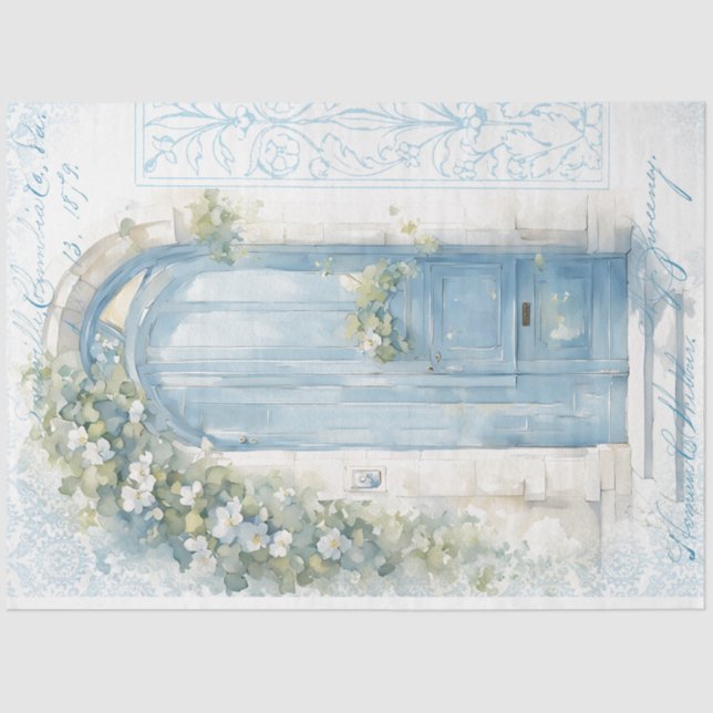 Blue Floral Door Decoupage Tissue Paper (Front)