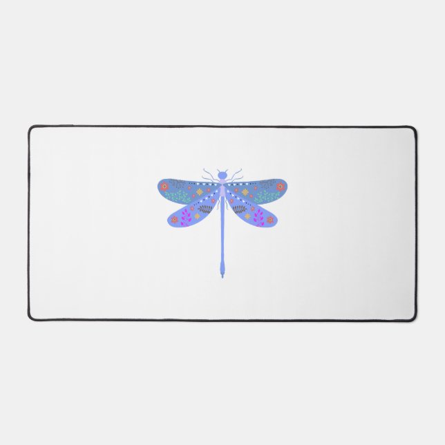 Blue Floral Dragonfly Desk Mat (Front)