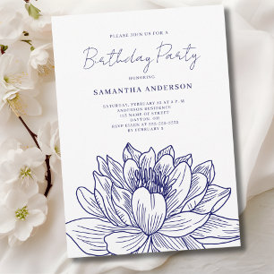 Blue Floral Drawing Birthday Invitation