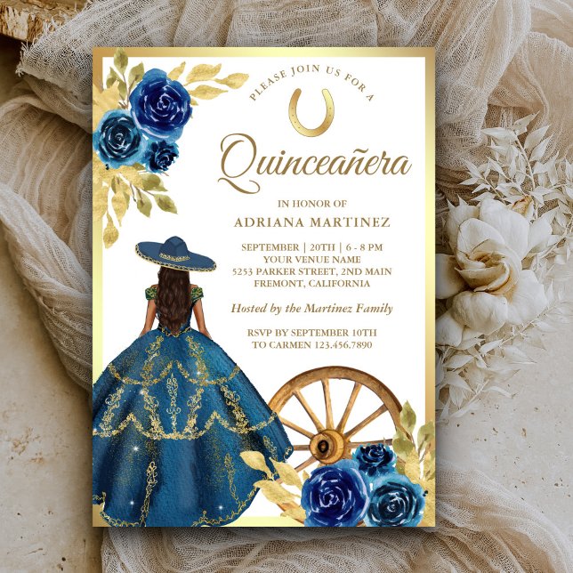 Blue Floral Dress Charro Western Gold Quinceanera Invitation (Creator Uploaded)