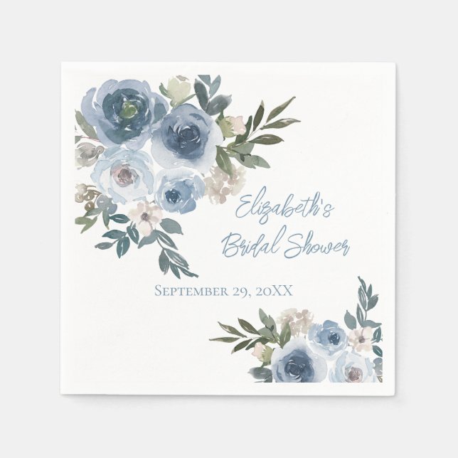 Blue Floral Dusty Blue Watercolor Bridal Shower  Napkin (Front)