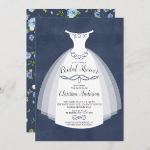Blue Floral Elegance Bride Gown Bridal Shower Invitation
