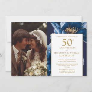 Blue Floral Elegant 50th Anniversary Photo Invitation