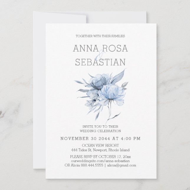 *~* Blue Floral Elegant AR15 WEDDING Rose RSVP +   Invitation (Front)