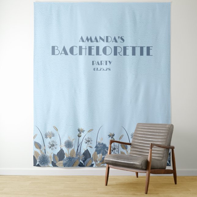 Blue Floral Elegant Bachelorette Backdrop Tapestry (In Situ)