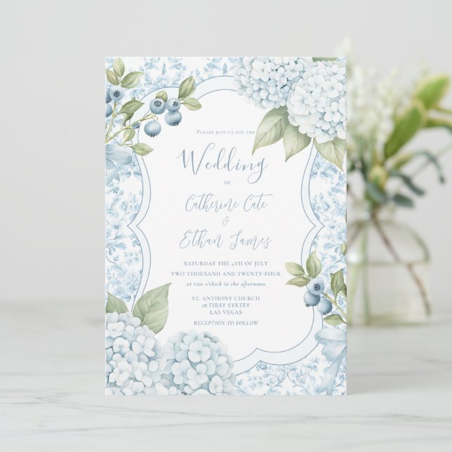 Blue Floral Elegant Blue Hydrangea Wedding  Invitation (Standing Front)