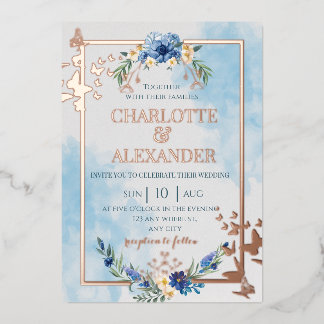 Blue floral elegant butterfly foil wedding